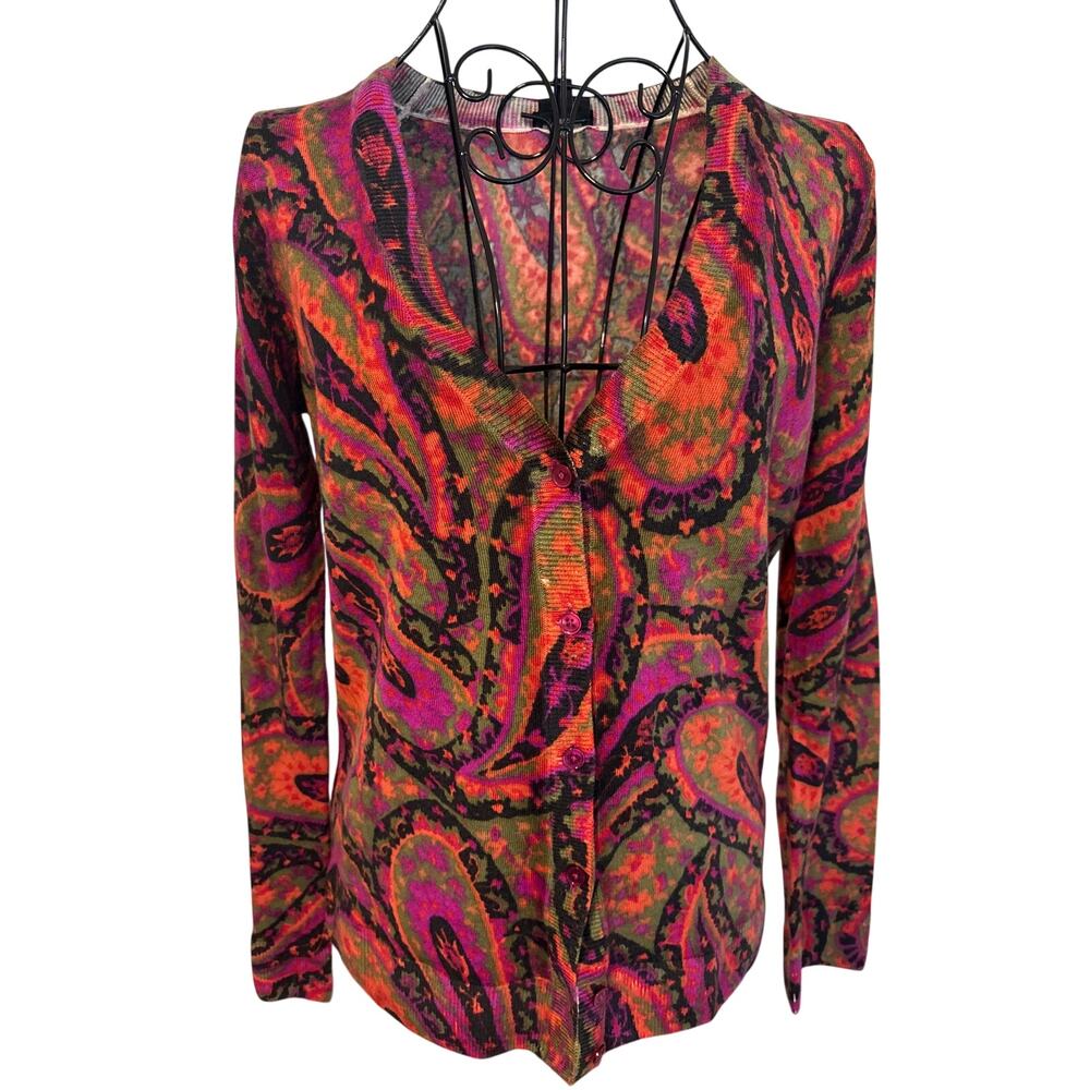 Talbots Pure Merino Wool Paisley Stretch Knit Cardigan Sweater Colorful V-Neck